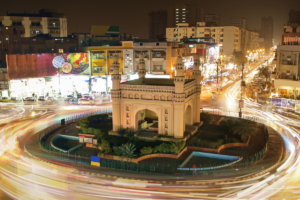 People in Karachi, Pakistan going about their lives at night.